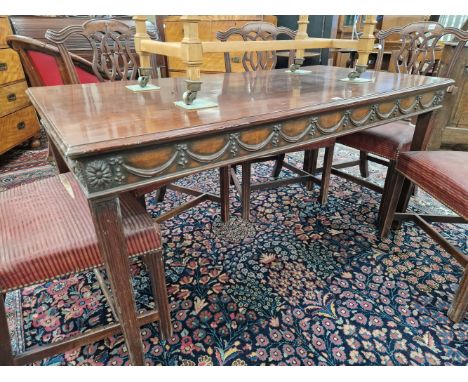 A LATE 19th/EARLY 20th C. MAHOGANY GEORGIAN STYLE CONSOLE TABLE, THE RECTANGULAR TOP ABOVE AN APRON CARVED ON THREE SIDES WIT