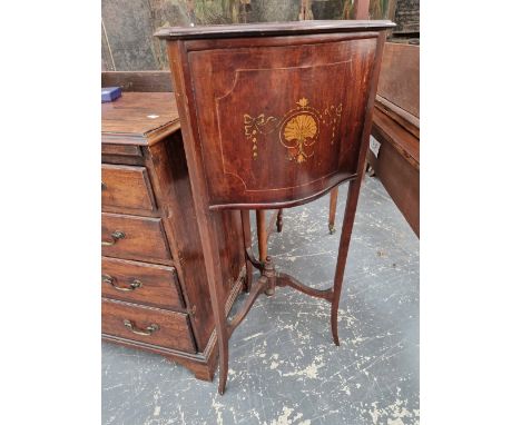 AN EDWARDIAN MAHOGANY PLANTER PAINTED WITH RIBBON TIED ANTHEMION MOTIFS, THE THREE LEGS JOINED BY STRETCHERS.   W 42 x H 95cm