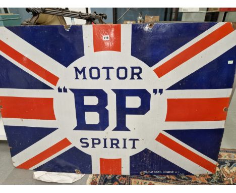 A FRANCO ENAMEL SIGN FOR BP MOTOR SPIRIT, THE WORDING CENTRAL TO THE UNION FLAG. 92 x 137cms.