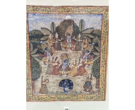AN INDIAN PAINTING ON SILK DEPICTING FIGURES DANCING IN A CIRCLE TO DRUMS AND CYMBALS, A PEACOCK IN THE FOREGROUND.   53 x 46