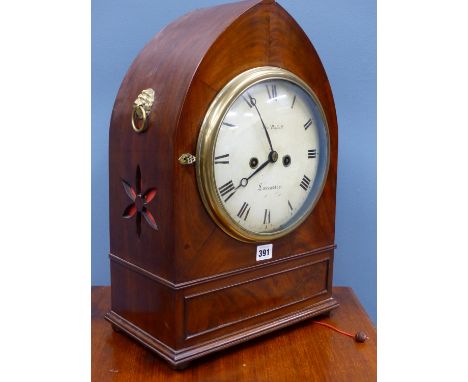 THOMAS RUSSELL, LANCASTER, AN EARLY 19th C. MAHOGANY LANCET CASED TWIN FUSEE MANTEL CLOCK STRIKING AND REPEATING ON A BELL, T