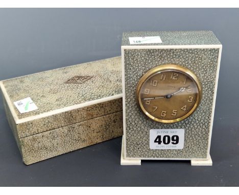 A SHAGREEN AND IVORY CASED TRAVEL CLOCK, A 925 SILVER FLORAL EMBOSSED PHOTOGRAPH FRAME TOGETHER WITH A SHAGREEN AND IVORY CIG