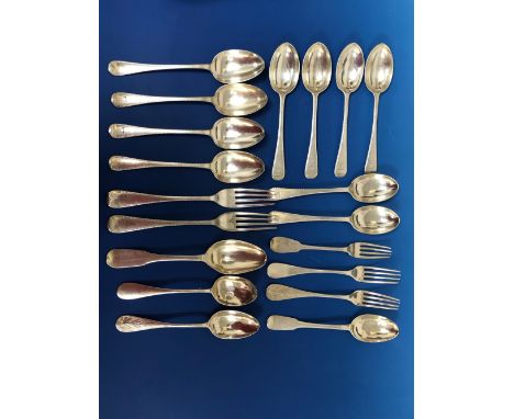 A SET OF SIX SILVER FEATHER EDGED DESSERT SPOONS BY PAIRPOINT BROTHERS, LONDON  1931, EACH CRESTED, 260Gms. FOUR ELECTROPLATE