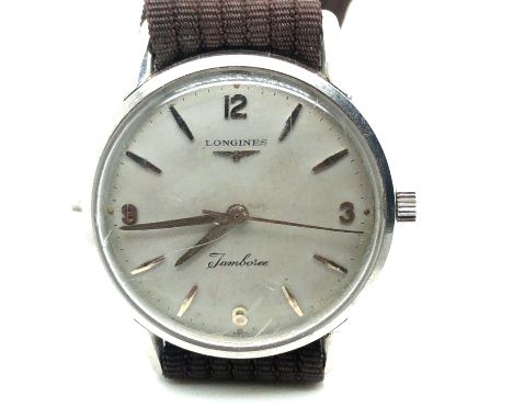 A VINTAGE LONGINES, JAMBOREE WRIST WATCH. THE MANUAL WOUND WATCH IN A STAINLESS STEEL CASE, WITH ARABIC AND LOZENGE SHAPED IN