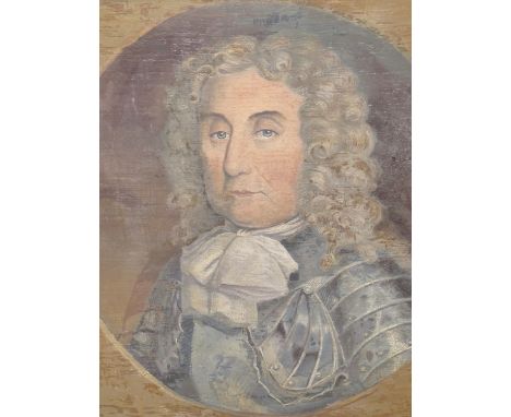 19th C. SCHOOL, A PORTRAIT BUST OF GENERAL EDMUND LUDLOW (1617-1692) IN ARMOUR, OIL ON CANVAS.   41 x 36cms.