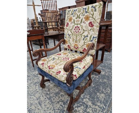 A WALNUT SHOW FRAME ARM CHAIR WITH TAPESTRY TYPE UPHOLSTERY. 