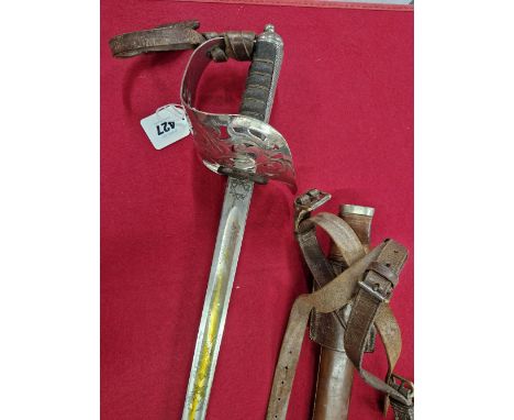 A GEORGE V OFFICERS SWORD WITH FROGGING AND LEATHER SCABBARD