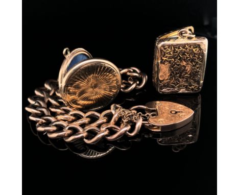 A VINTAGE 9ct ROSE GOLD CHARM BRACELET, COMPLETE WITH SAFETY CHAIN AND PADLOCK CLASP. THE CLASP STAMPED 9ct, TOGETHER WITH TW