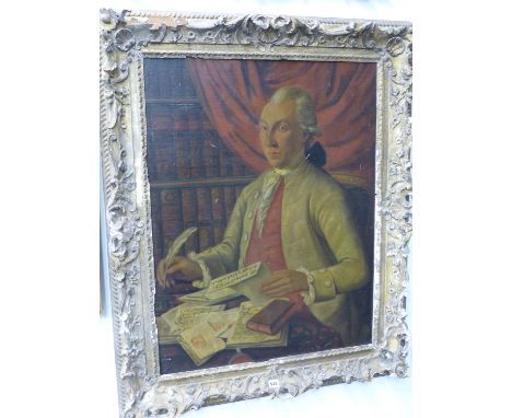 FRENCH OLD MASTER SCHOOL, A STUDY OF A GENTLEMAN IN HIS LIBRARY, OIL ON CANVAS, CARVED GILTWOOD FRAME   93 x 72cms.