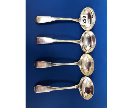 THREE SILVER FIDDLE PATTERN SAUCE LADLES BY PETER AND WILLIAM BATEMAN, LONDON 1808, TOGETHER WITH ANOTHER FIDDLE PATTERN SAUC