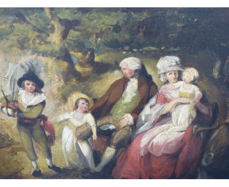 LATE 18th C. SCHOOL, A FAMILY GROUP, THE PARENTS SEATED, THE ELDEST BOY STANDING BY THE WATERS EDGE WITH A MODEL BOAT, OIL ON