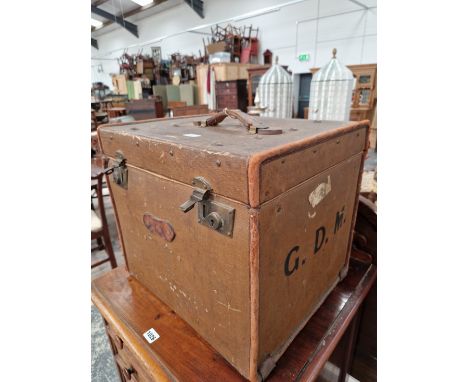 A CANVAS COVERED TRAVEL TRUNK WITH INTERIOR TRAY.   W 46cms.