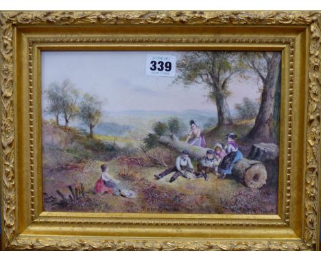 A FRAMED 19th C. DERBY PORCELAIN PLAQUE PAINTED BY BOURNE WITH CHILDREN GATHERING PRIMROSES ABOUT A FALLEN TREE TRUNK.   17 x