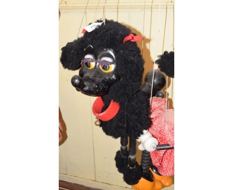 A large Pelham Puppet black poodle shop display puppetReport by KBSlight wear to red felt collar.String of left ear detached,