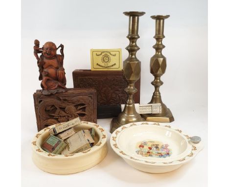 A large pair of Victorian brass diamond pattern candlesticks, 36 cm high, two Royal Doulton Bunnykins bowls, a Chinese carved