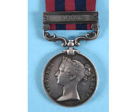 An India General Service Medal 1854, awarded to L Jowett GNR RMA HMS Modeste, with Perak clasp, died 16/1/76 on board HMS Mod