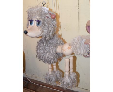 A large Pelham Puppet shop display white poodle puppetReport by KBFace, legs and rear body slightly discoloured/stained. Ribb
