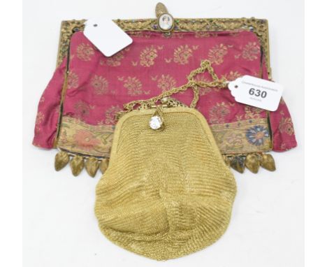 A late 19th/early 20th century fabric evening bag, with gilt metal mounts, inset an oval miniature bust portrait of a lady, i