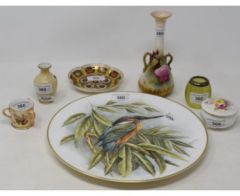 A Bryan Cox, Worcester plate, painted a kingfisher, a Royal Worcester porcelain box and cover, and other items, some repairs 