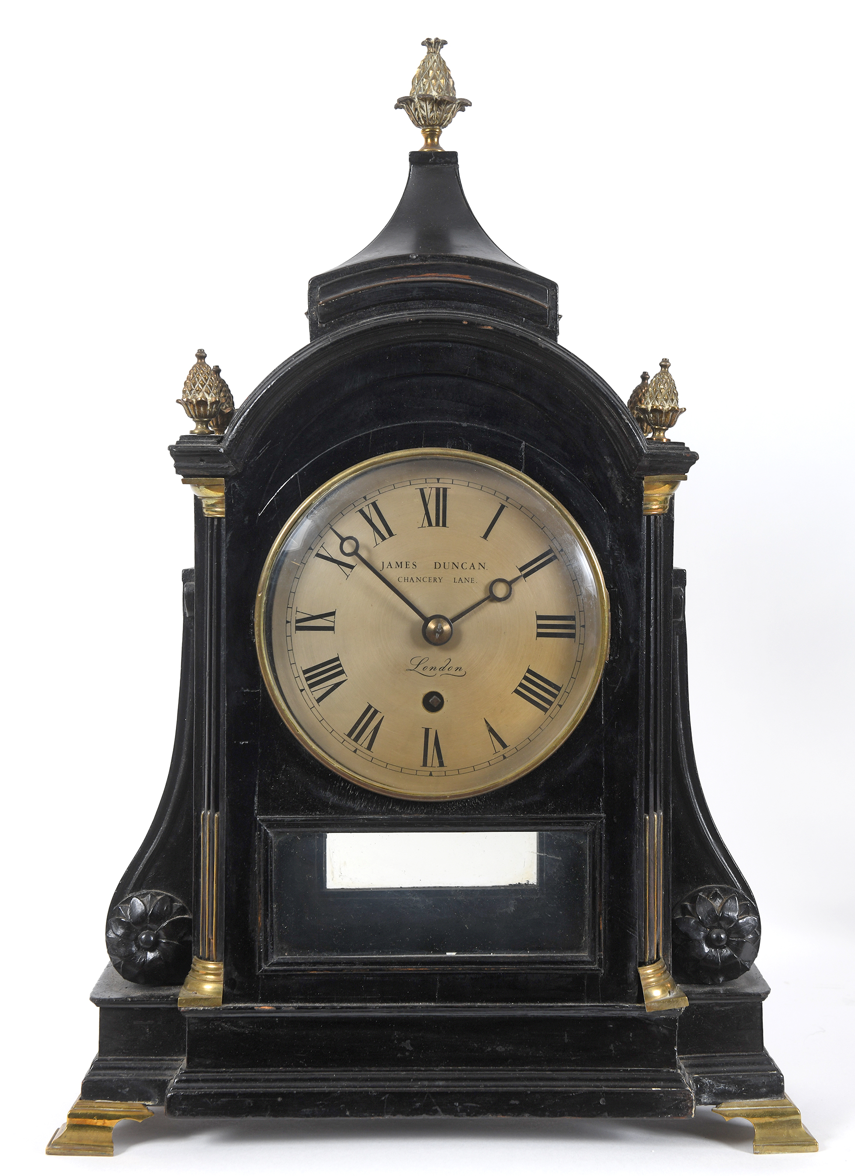 A mantel clock, the 13.5 cm diameter silvered dial signed James Duncan