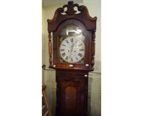 A longcase clock, the 33 cm arched square painted dial with Roman numerals, subsidiary seconds and calendar apertures, the ar