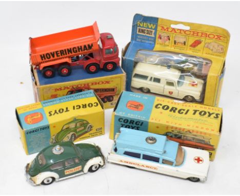 A Corgi no. 492 Volkswagen police car, boxed, a Corgi Superior ambulance, no. 437, boxed, a Matchbox 8-wheel tipper truck, K-