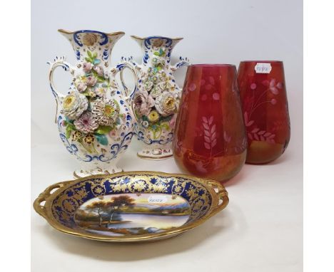 A pair of 19th century porcelain vases, with floral encrusted decoration, a Staffordshire porcelain floral decorated part des