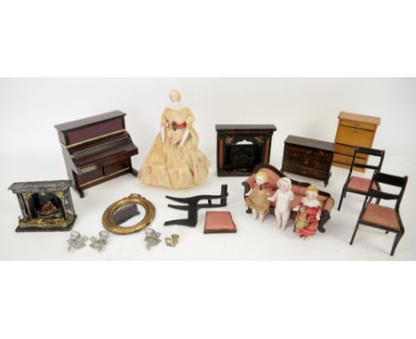 Suite of stained wood dolls house furniture, comprising chaise longue, four chairs, pier cabinet, piano, fire place and fire 