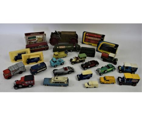 A quantity of playworn cars including a Danish Tekno red bus and a Louis Marx &amp; Co wind up tractor