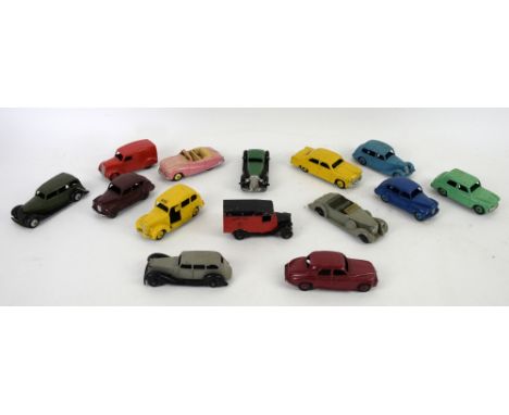 Dinky Toys Vauxhall Saloon, Lagonda, Austin Devon x 2, Ford Sedan, Rover 75, Bentley 2-seater Sports Coupe, Delivery van, Roy