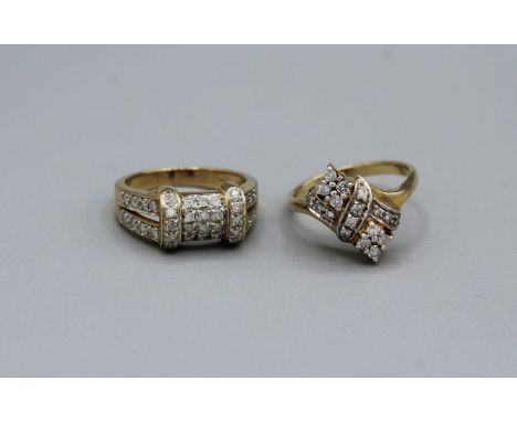 Two diamond rings, Both in 9ct gold. The first features a diagonal bow design, with set with 18 round brilliant cut diamonds 