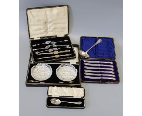 A selection of silver to include French silver enamelled tourist spoons, two lobster picks, 59gm approx, a pair of cut glass 