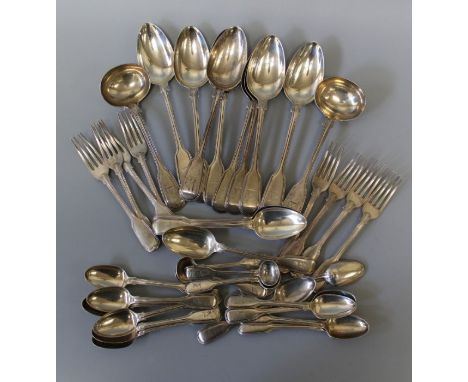 A setof William IV Fiddle Thread flatware comprising eight dessert forks, eight table spoons, two soup ladles, three dessert 
