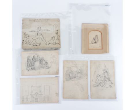 THACKERAY, William Makepeace (1811-63). 18 original drawings, in pencil, pen and ink, and watercolour, [n.d.]. Various sizes,