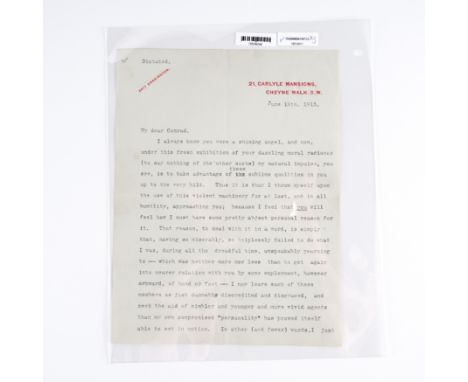 JAMES, Henry (1843-1916). Typed letter, signed ("Henry James"), to Joseph Conrad, 21 Carlyle Mansions, London, 19 June 1913. 