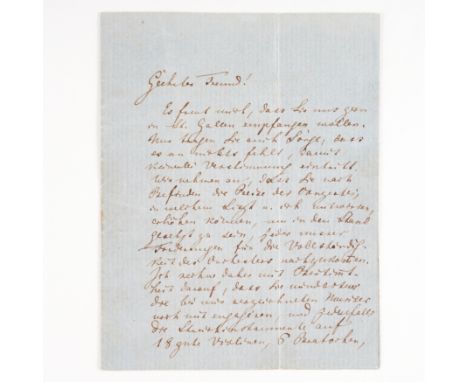 WAGNER, Richard (1813-83). Autograph letter, signed (with initials, "R.W.") to [Heinrich Szadrowsky], [Zurich, c.November 185