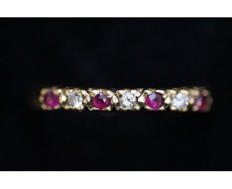 9ct Gold ring set with rubies &amp; diamond Size M 