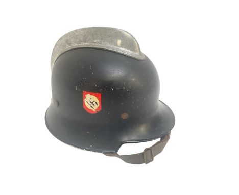 Nazi M34 pattern Fire Police helmet with original aluminium comb, black painted finish with two decals (de-nazified), leather