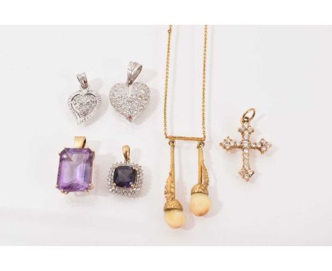 Group of jewellery to include a rectangular step cut amethyst single stone pendant in 9ct gold mount (not hallmarked but test