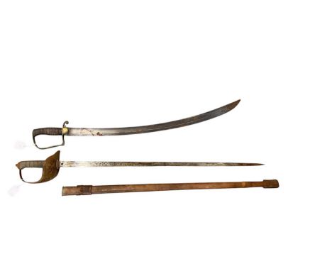 19th century British sabre possibly mountain artillery with brass stirrup hilt, ribbed iron grip, one langet engraved 'GH' wi