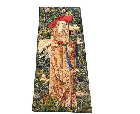 Percy Sheldrick (1890-1979) two tapestry wall hangings, including one of a shepherdess and sheepLeaf design 100x80 cms approx