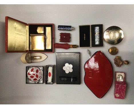 Selection of vintage items including perfume bottles, lipsticks and other cosmetics including Mary Quant, vanity cases, mothe