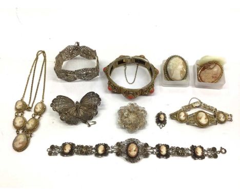 9ct gold mounted cameo brooch/pendant and 9ct gold chain, other cameos and white metal filigree jewellery including a silver 