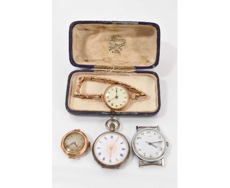 Two vintage 9ct gold wristwatches, one with a 9ct gold bracelet, together with a silver cased fob watch and a Timex watch (4)