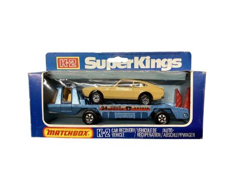 Matchbox diecast Super Kings Car Recovery Vehicle, in window box K-2 plus two loose Racing Car Transporters K-7, Corgi Ford E