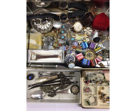 Group of costume jewellery, watches, silver and mother of pearl fruit knife, Georgian silver teaspoon and other bijouterie