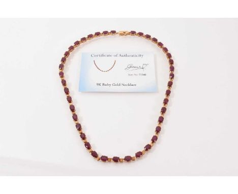 9ct gold ruby necklace with 42 oval mixed cut Tanzanian rubies in a yellow gold setting, 45cm long, with Gems TV certificate 