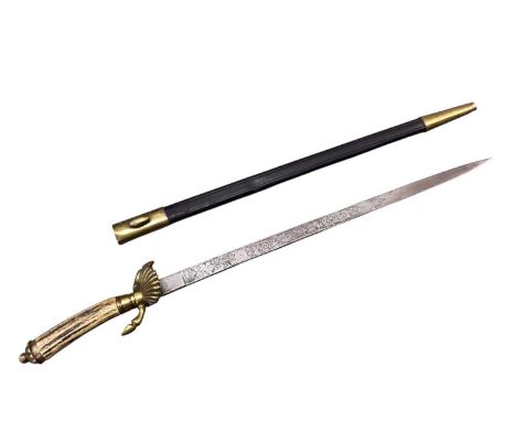1920s German Hunting sword by Horster with stag horn grip and brass hoof and shell crossguard, etched blade with stag, target
