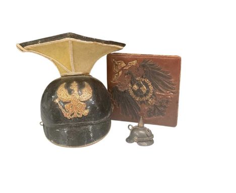 Unusual Imperial German miniature czapska, together with a miniature pickelhaube and a folding leather coin purse with Imperi