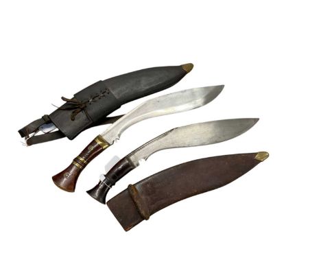 Large old Nepalese Kukri with crescent moon stamped on blade in leather covered sheath, blade 33cm in length, together with a